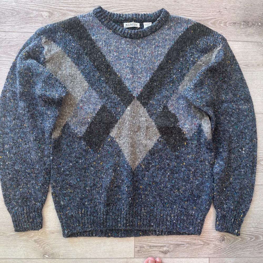 Vintage Koman Mens XL Geometric Diamond Knit Sweater Blue Grey Wool Blend 90s